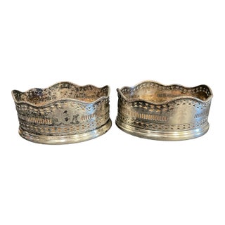 Pair of Antique Silverplate Wine Coasters For Sale