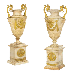 Pair Charles X Bronze-Mounted & Carved Alabaster Vases