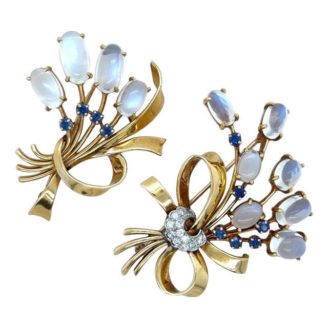 Mid 20th Century Raymond C. Yard Retro Yellow Moonstone, Sapphire and Diamond Brooches, 2 Pieces For Sale