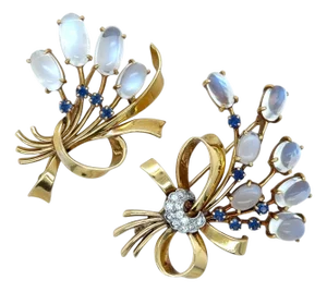 Mid 20th Century Raymond C. Yard Retro Yellow Moonstone, Sapphire and Diamond Brooches, 2 Pieces
