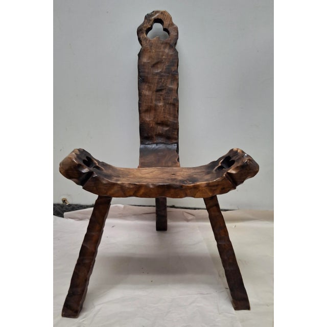 A Handcrafted Brutalist Tripod Spanish / Birthing Chair. Measures: 20" in width, 16" in depth and 29" H . Seat height is...