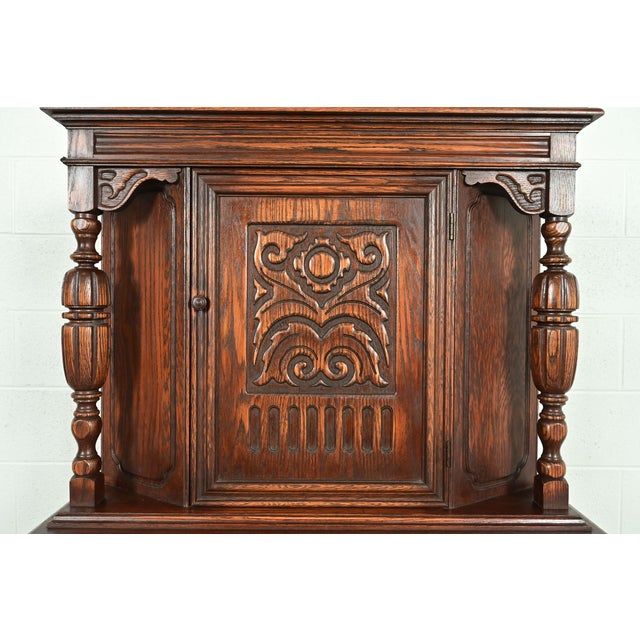 Berkey & Gay Style Antique English Jacobean Carved Oak Bar Cabinet, Circa 1920s For Sale - Image 10 of 16