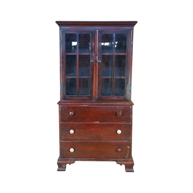 This vintage 1930s–1940s step-back hutch or bookcase is crafted from mahogany, showcasing a rich, dark reddish-brown wood...