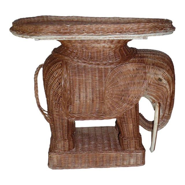 1970s Vintage Wicker Elephant Table With Removable Tray Top For Sale