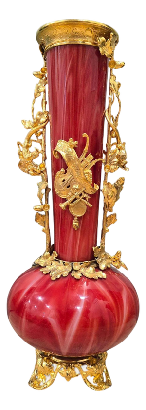 Large Vintage European Gilded Blown Red Glass Vase, 1940