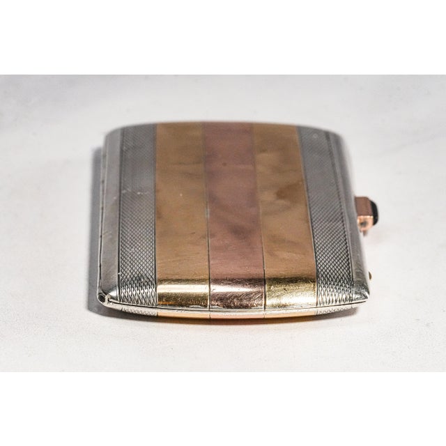 Exceptional Antique French Sterling Silver Cigarette Case 18k Gold Inlaid Yellow & Rose Gold Engine Turned Luxury Tobacciana For Sale - Image 14 of 15