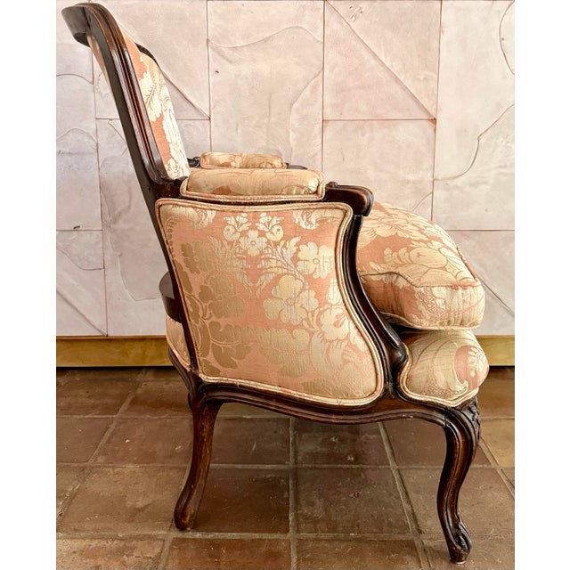 French Antique Louis XV Style Bergère With a Carved Wood Frame, Upholstered Back, Outscrolled Arms & Cabriole Legs For Sale - Image 3 of 12