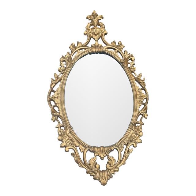 Mid 20th Century Hollywood Regency Baroque Style Gold Ornate Floral Scroll Wall Mirror For Sale