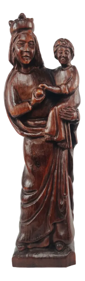 German Hand-Carved Black Forest Wooden Jesus & Mary Sculpture, 1920s