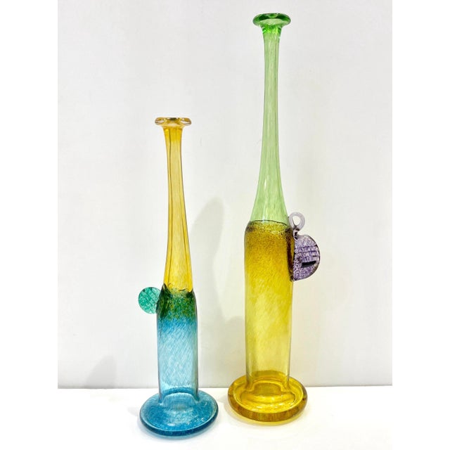 1970s Bertil Vallien Swedish Blue Green Yellow Art Glass Vase for Kosta Boda For Sale - Image 10 of 13