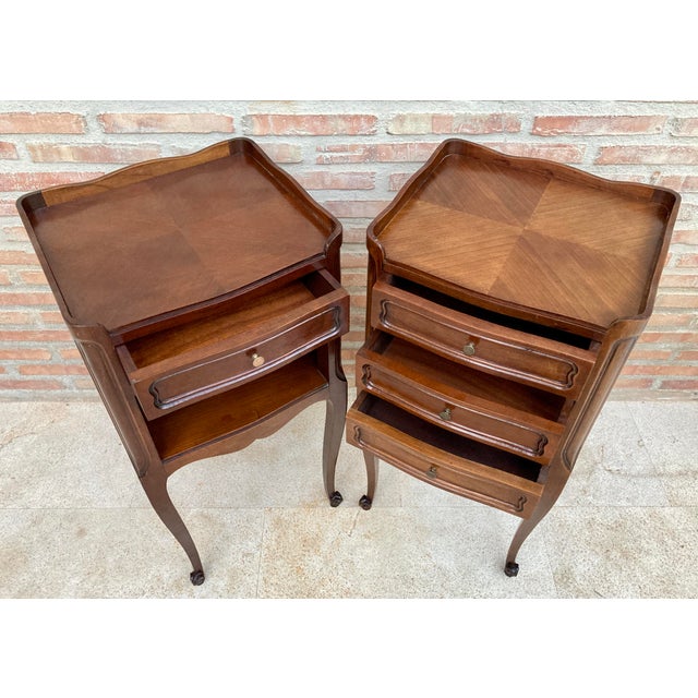 French Walnut Nightstand with Drawers and Shelf, 1950s, Set of 2 For Sale - Image 13 of 16
