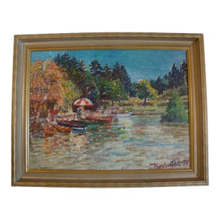 1957 German Impressionist Oil Painting Summer Lake Boats, Karl Abt For Sale