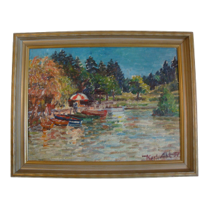 1957 German Impressionist Oil Painting Summer Lake Boats, Karl Abt