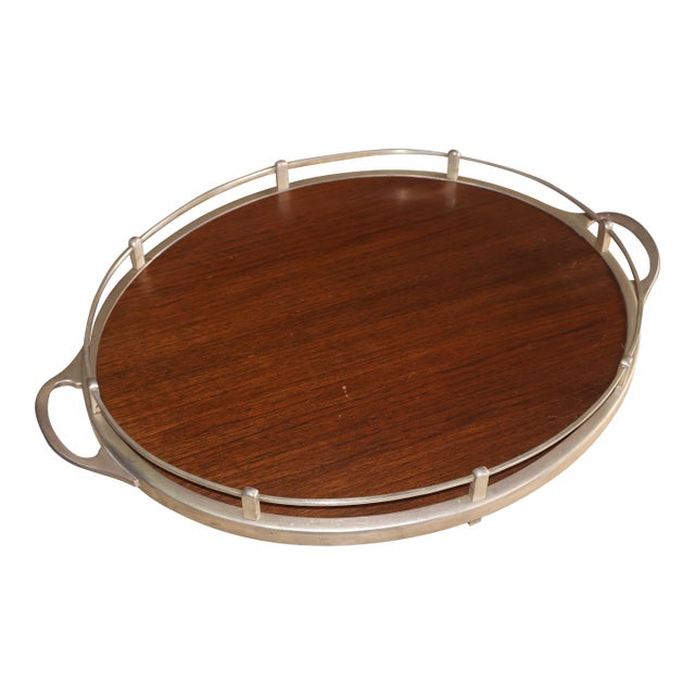 Vintage Walnut and Metal Bar Tray For Sale