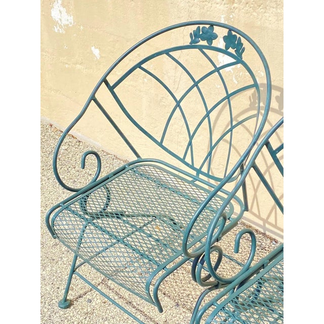 Late 20th Century Vintage Woodard Style Wrought Iron Green Spring Bouncy Patio Dining Set - Set of 5 For Sale - Image 5 of 12