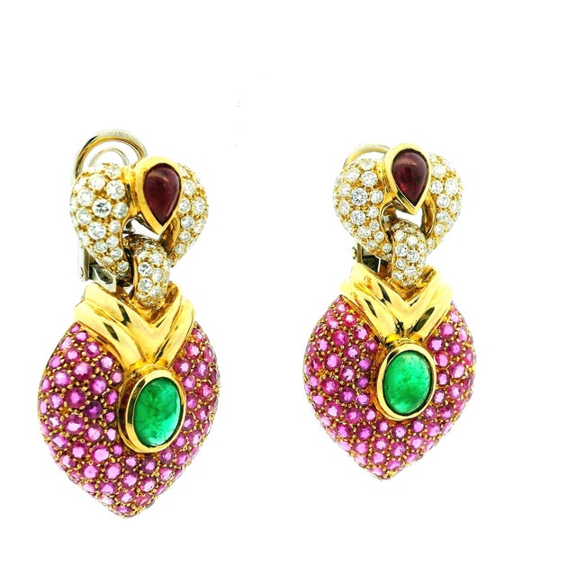 Modern Vintage 1980s 18k Gold Ruby Emerald & Diamond Drop Earrings, Pair For Sale - Image 3 of 11