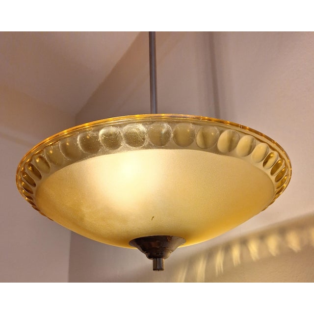 1930s German Art Deco Chrome-Plated Metal Ceiling Lamp with Yellow Cut Crystal Glass Shade, 1930s For Sale - Image 5 of 8