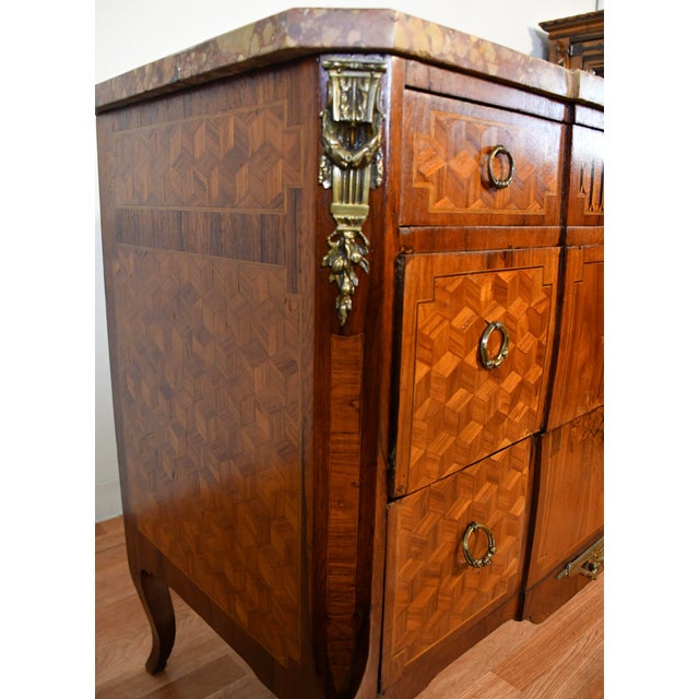 Wood 1890 Antique French Louis XV Marquetry Inlay Marble Top Dresser Chest of Drawers For Sale - Image 7 of 18