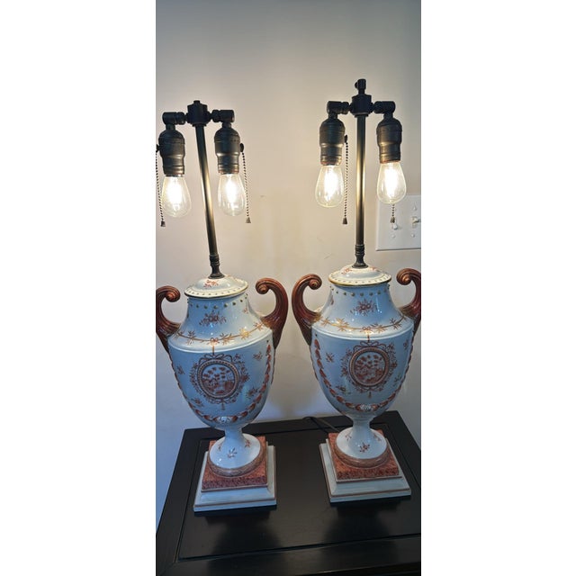 Orange Pair 18th C Chinese Export Porcelain Pistol Handle Urn Vases Mounted as Lamps For Sale - Image 8 of 12