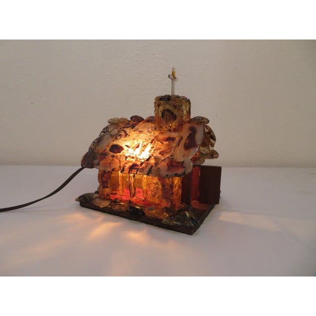Wood Handmade Sliced Agate ~ Stone Church Art Sculpture ~ Lamp & Music Box ~ Vintage Wedding Chapel Diorama For Sale - Image 7 of 18