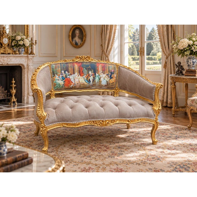 This elegant circa 1975 French Louis XVI–style settee combines finely carved beechwood, luminous gold leaf, rich tan...