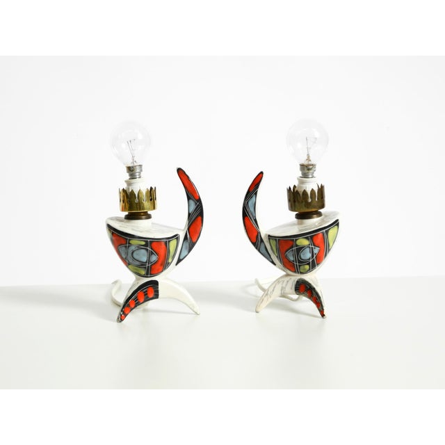 Two very beautiful ceramic table lamps from the 1950s, featuring colorful, hand-painted abstract motifs. a superb example...