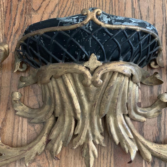 French Antique French Black and Gold Tole Wall Mounted Wall Pocket Candelabra For Sale - Image 3 of 9