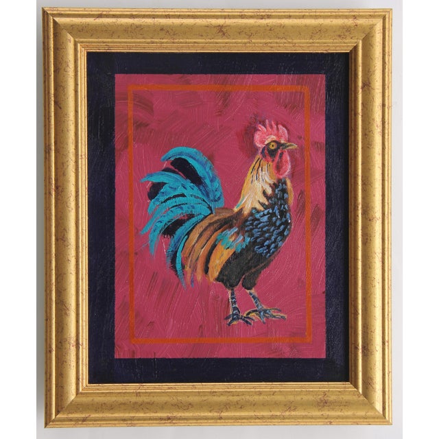 American Rooster Bird Chicken Americana Folk Art Turquoise Red Black Original Oil Painting Cleo Plowden For Sale - Image 3 of 3
