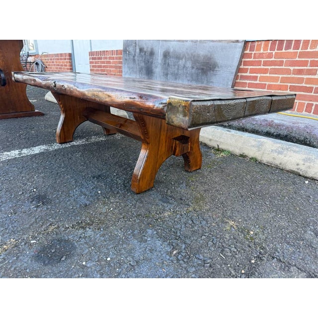 Vintage Farmhouse Rustic Style Liberty Ship Hatch Cover Trestle Base Coffee Table Solid wood frame , slatted top wrapped...