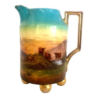 Early 20th Century Highland Cattle at Sunset on an Antique Porcelain Pitcher For Sale
