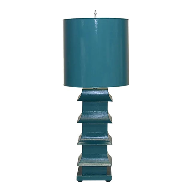 Matthew Izzo Home - Hand-Painted Wide Pagoda Tole Table Lamp in Turquoise With Nickel Harp/Finial For Sale