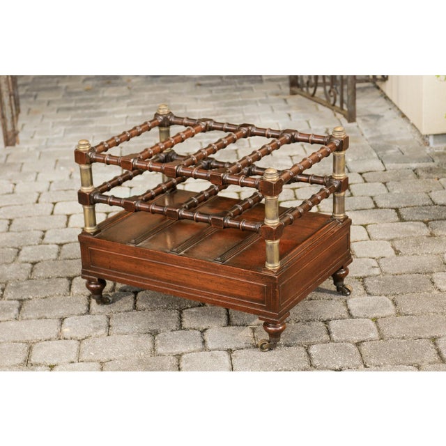 English 1940s Mahogany Magazine Rack on Casters with Faux Bamboo Accents For Sale - Image 11 of 12
