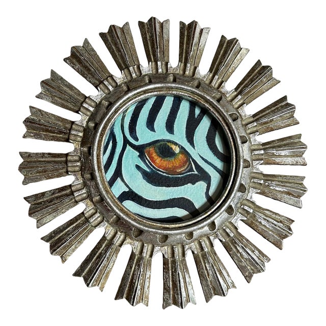 Original Painting of a Zebra Eye in Silver Starburst Frame For Sale