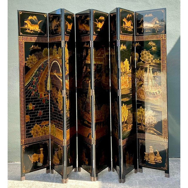 Black Vintage Asian 8 Panel Coromandel Screen For Sale - Image 8 of 12