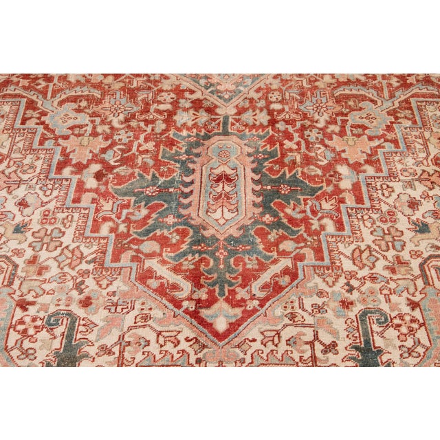Red Antique Persian Heriz Wool Rug Handmade in Red Featuring a Medallion Motif For Sale - Image 8 of 10