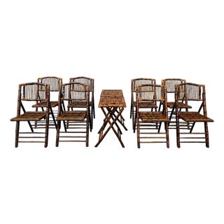 1980s Rustic Tortoiseshell Bamboo Folding Chairs With Side Tables - Set of 8 For Sale