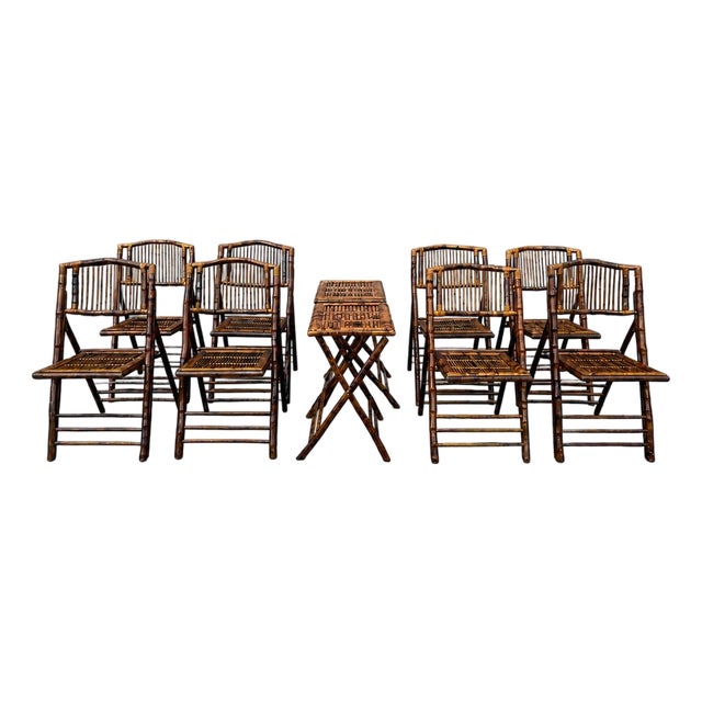 1980s Rustic Tortoiseshell Bamboo Folding Chairs With Side Tables - Set of 8 For Sale