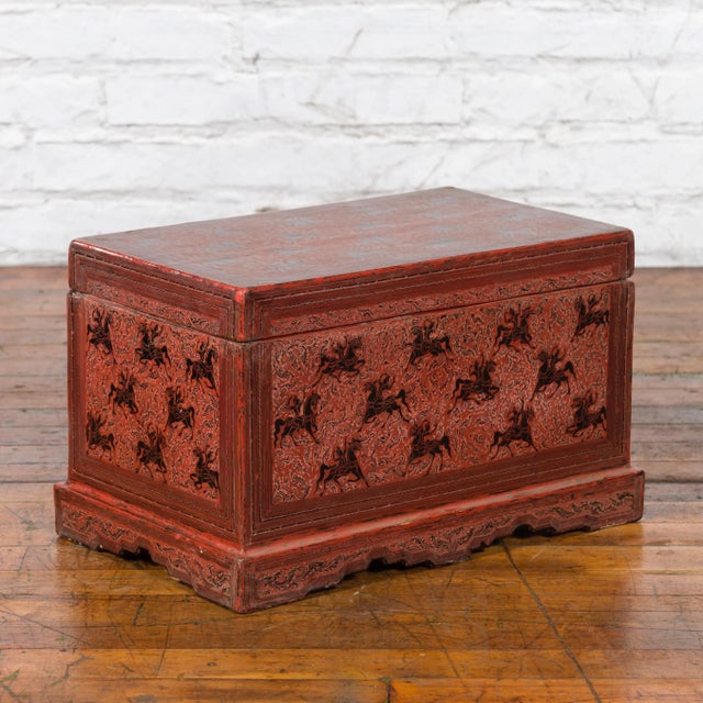 Chinese Late 19th Century Red Trunk with Black Hand-Painted Riders on Horses For Sale - Image 10 of 13
