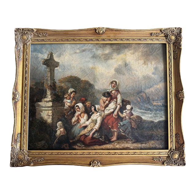 1899 Irma Vauthier Antique Oil Painting European Genre Scene by Gilt Frame For Sale