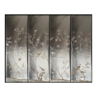 Silver Leaf Chinoiserie Hand-Painted Neutral Floral & Bird Wall Panels (Set of 4) For Sale