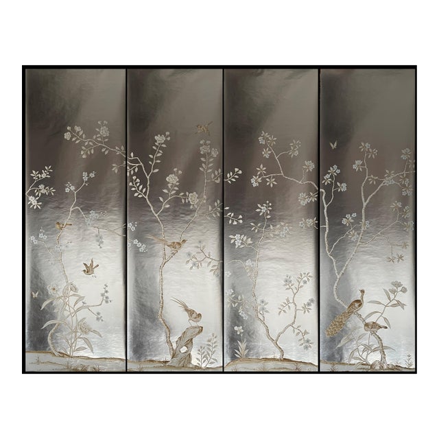 Silver Leaf Chinoiserie Hand-Painted Neutral Floral & Bird Wall Panels (Set of 4) For Sale