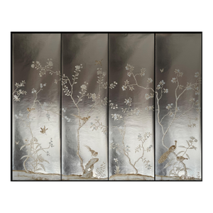 Silver Leaf Chinoiserie Hand-Painted Neutral Floral & Bird Wall Panels (Set of 4)