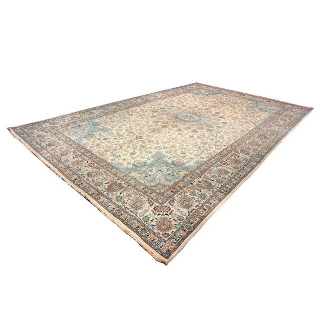 Persian Antique Persian Tabriz Pahlavi Wool 12x18 Ivory, Pink & Teal Handmade Area Rug #9902227 For Sale - Image 3 of 15
