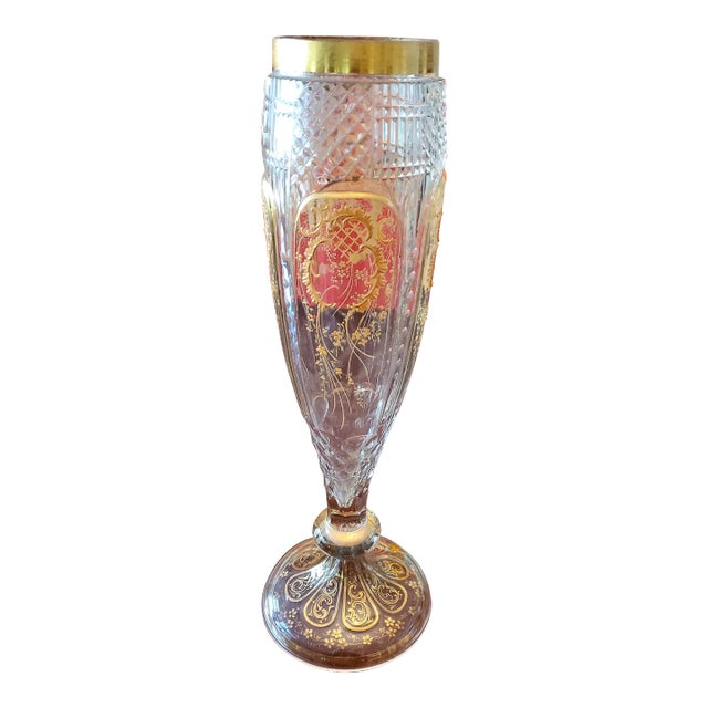Antique Baccarat Style Large Gold Crystal Vase For Sale