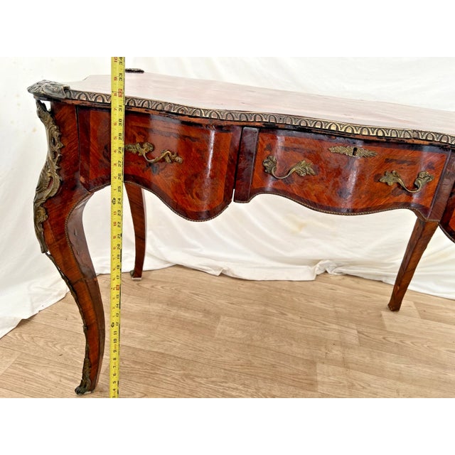 Antique French Desk Three Dovetail Drawers Brass Ormolu Hand Cut Floral Inlays For Sale - Image 10 of 13