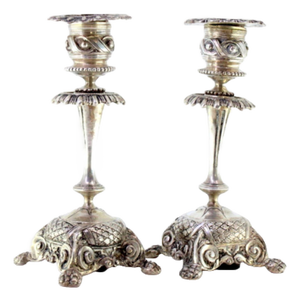 Low Candlesticks in Silver with Applications and Engravings, Set of 2