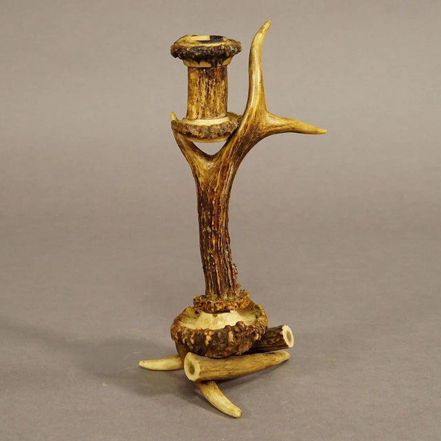 Antique Antler Candle Holder with Deer Horns, Germany around 1900 A rustic candle holder, made of horns from the deer. The...