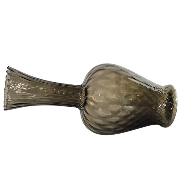 Vintage Italian Empoli Style Optic Swirl Vase – 13.75” Smoke Quilted Art Glass For Sale - Image 4 of 7