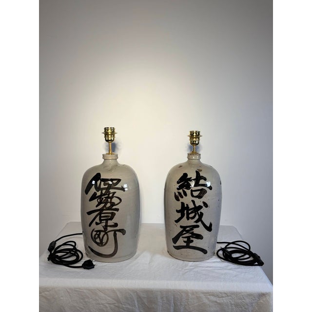 1920s Japanese Sake Jar Lamps in Glazed Stoneware, 1920s, Set of 2 For Sale - Image 5 of 15