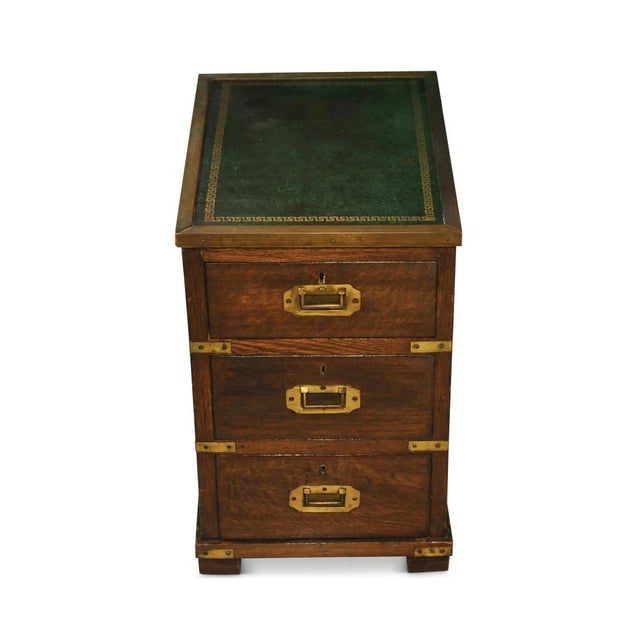 Victorian Military Campaign Chest in Green Leather & Brass Tooled Top For Sale - Image 3 of 7
